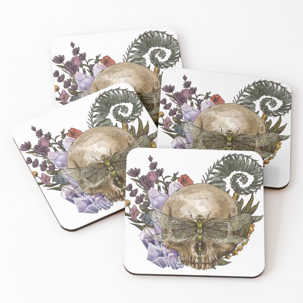 Item preview, Skull with flowers and dragonfly designed and sold by jellysquidart.