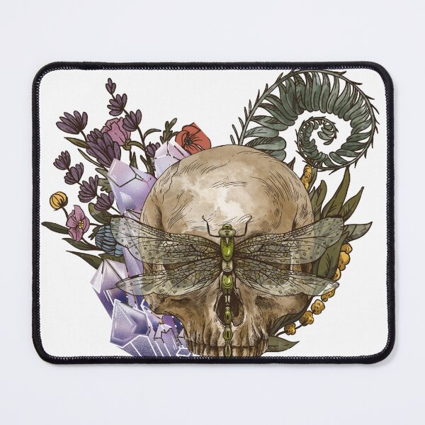 Item preview, Skull with flowers and dragonfly designed and sold by jellysquidart.