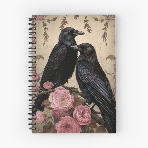 Aperçu de l'œuvre Couple de corbeau romantique de style gothique avec des fleurs et des branches - toile vintage, impression d'art sur toile, décor à la maison, corbeau victorien, art de corbeau créée et vendue par FredgarShop.