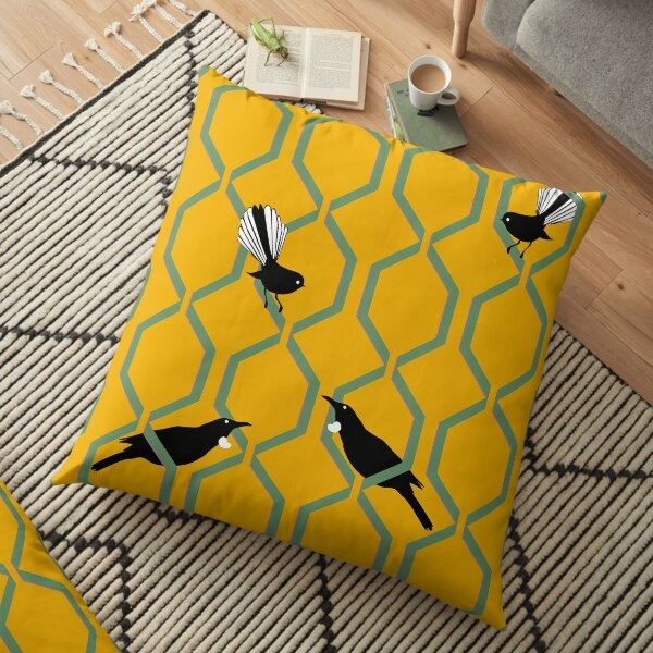 Tui and Fantail on a Lattice Floor Pillow