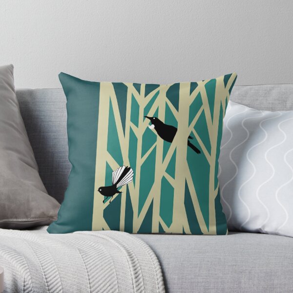 Tui and Fantail on Trees Throw Pillow