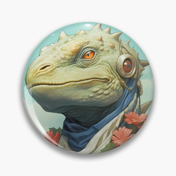 Item preview, Dinosaurs Wearing Clothes 1. Against your fascist regime. For lapel flowers, kindness, and scaling walls for inclusivity. Green lizard bird in an orange suit, blue waistcoat, white cravat. designed and sold by FoxRobinRabbit.