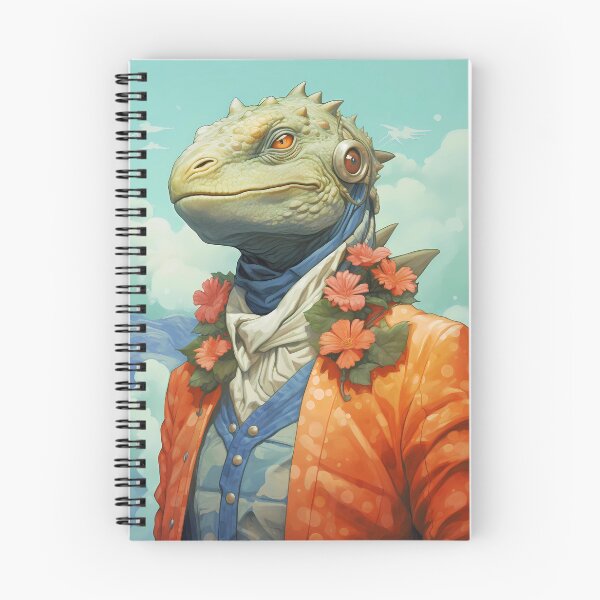 Item preview, Dinosaurs Wearing Clothes 1. Against your fascist regime. For lapel flowers, kindness, and scaling walls for inclusivity. Green lizard bird in an orange suit, blue waistcoat, white cravat. designed and sold by FoxRobinRabbit.