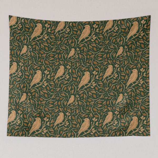 Item preview, Birds with oak branches on a dark green background designed and sold by Pinata.