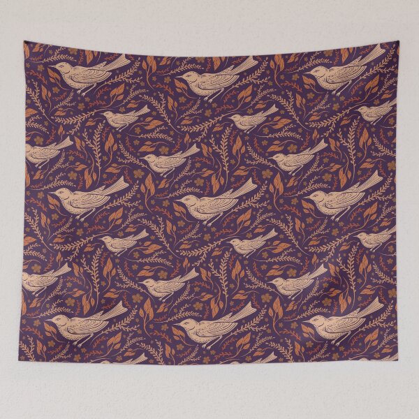 Item preview, Birds with reddish leaves and branches on purple background designed and sold by Pinata.