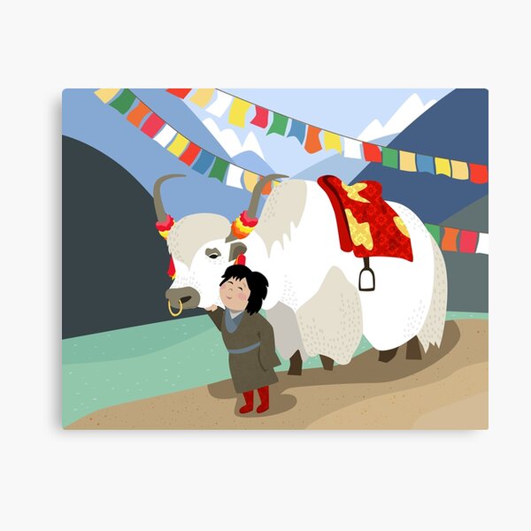 Tibetan yak and his best friend in far east mountains Tibetan prayer flags river local child colorful happy wild nature Canvas Print