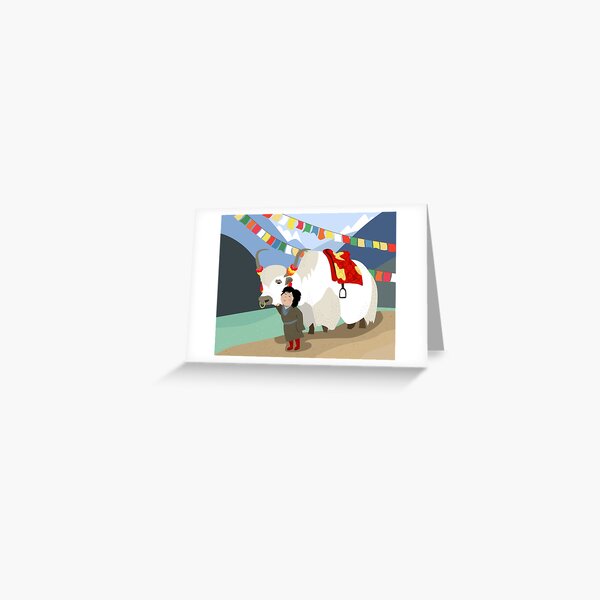 Tibetan yak and his best friend in far east mountains Tibetan prayer flags river local child colorful happy wild nature Greeting Card
