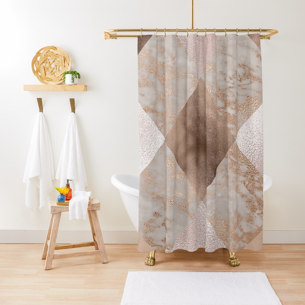 Copper and Blush Rose Gold Marble Quadrangle Plaid Pattern Shower Curtain