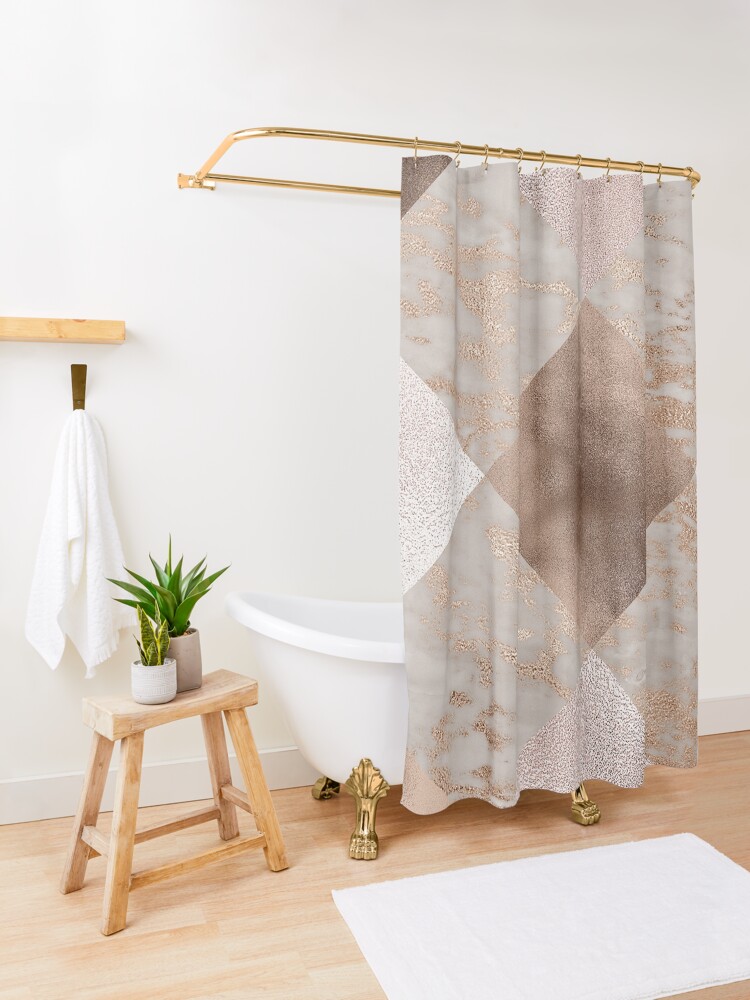 Alternate view of Copper and Blush Rose Gold Marble Quadrangle Plaid Pattern Shower Curtain