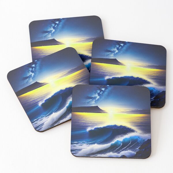 Item preview, Ocean Waves with Mountains in the Background Yellow Sky Navy Ocean designed and sold by deniselynnimage.