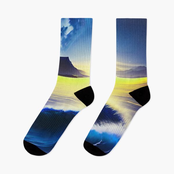 Item preview, Ocean Waves with Mountains in the Background Yellow Sky Navy Ocean designed and sold by deniselynnimage.