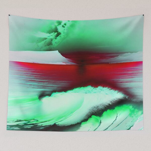 Item preview, Ocean Waves with Mountains in the Background Red Blood Sky and Mint Ocean designed and sold by deniselynnimage.