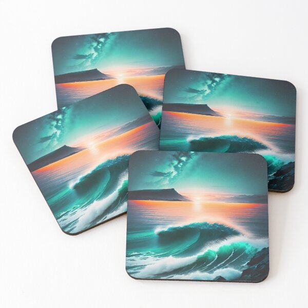 Item preview, Ocean Waves with Mountains in the Background Orange Sky Aqua Ocean designed and sold by deniselynnimage.