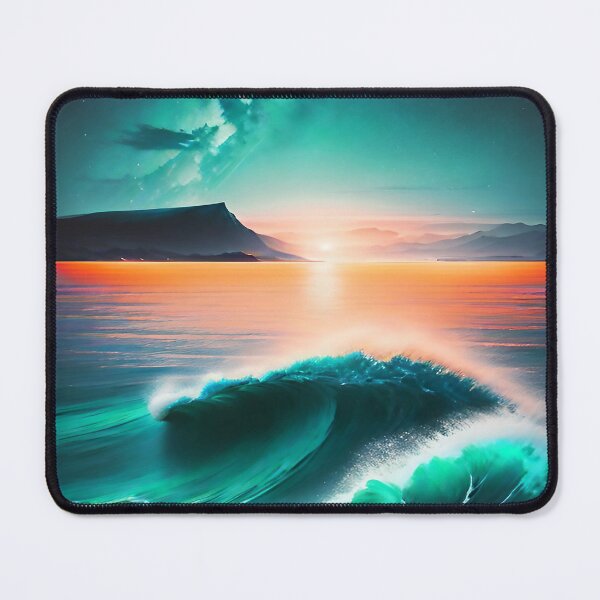 Item preview, Ocean Waves with Mountains in the Background Orange Sky Aqua Ocean designed and sold by deniselynnimage.