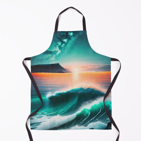 Item preview, Ocean Waves with Mountains in the Background Orange Sky Aqua Ocean designed and sold by deniselynnimage.