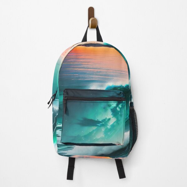 Item preview, Ocean Waves with Mountains in the Background Orange Sky Aqua Ocean designed and sold by deniselynnimage.