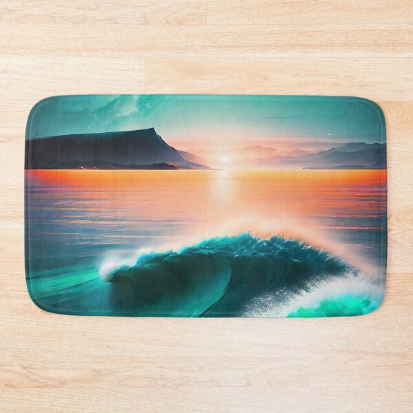 Item preview, Ocean Waves with Mountains in the Background Orange Sky Aqua Ocean designed and sold by deniselynnimage.
