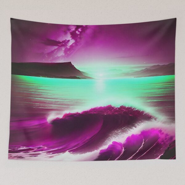 Item preview, Ocean Waves with Mountains in the Background Mint Sky Hot Pink Ocean designed and sold by deniselynnimage.