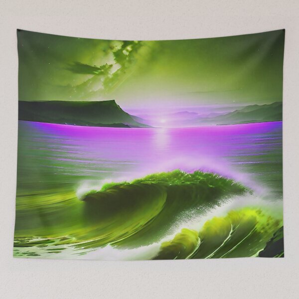 Item preview, Ocean Waves with Mountains in the Background Lavender Sky Green Ocean designed and sold by deniselynnimage.