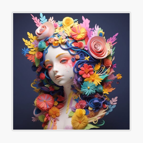A sculpture of a girl surrounded with flowers in various colors | Sticker