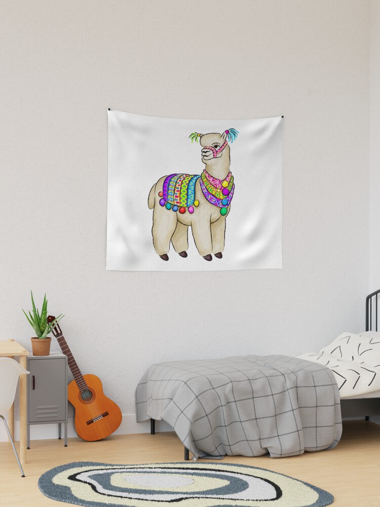 White Alpaca in Peruvian folk colors and tassels Tapestry