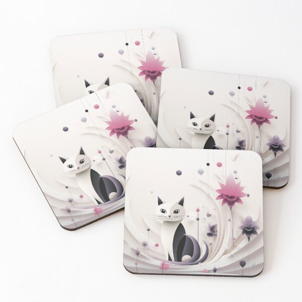 Item preview, Cute Cat and Abstract Flower - Colorful Illustration in Light Black and Beige designed and sold by PaintbrushPlace.