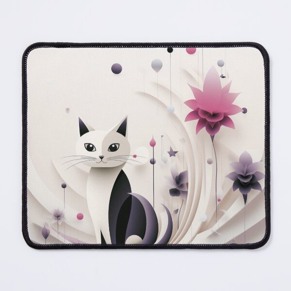 Item preview, Cute Cat and Abstract Flower - Colorful Illustration in Light Black and Beige designed and sold by PaintbrushPlace.