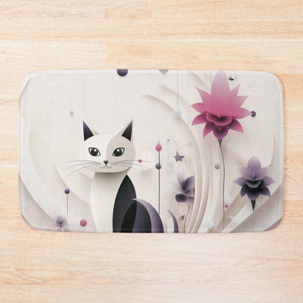 Item preview, Cute Cat and Abstract Flower - Colorful Illustration in Light Black and Beige designed and sold by PaintbrushPlace.