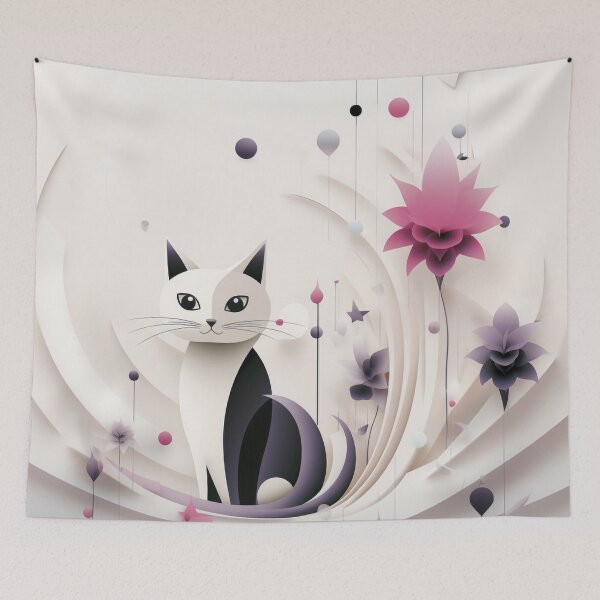 Item preview, Cute Cat and Abstract Flower - Colorful Illustration in Light Black and Beige designed and sold by PaintbrushPlace.