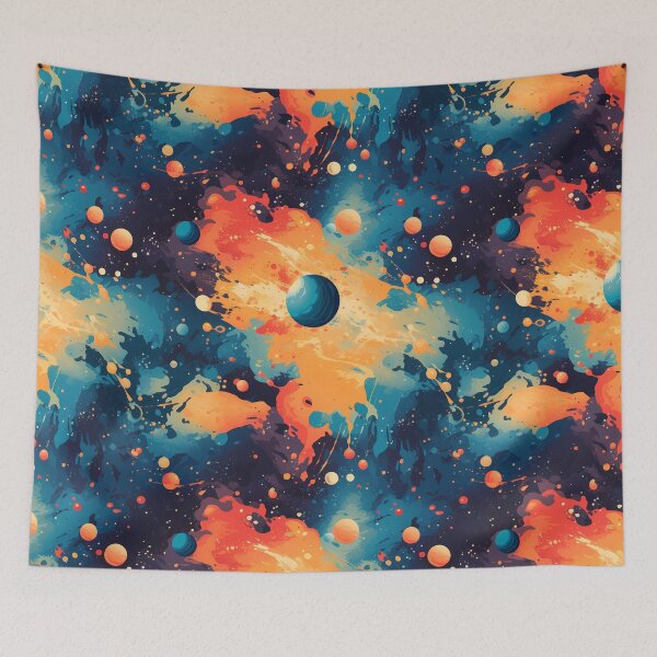 Item preview, Space to Breathe Pattern 2, too many planets, outer space, orange and blue splashes, distant stars, great big universe. Astronomy and science. designed and sold by FoxRobinRabbit.