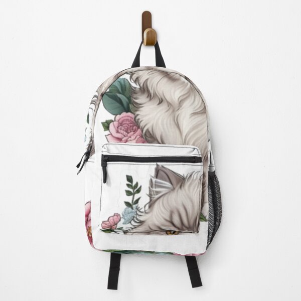 Vista previa del artículo con la obra «Gato persa esponjoso de dibujos animados con bigotes florales en un encantador estilo de estampado floral: una delicia felina para los amantes de los gatos», diseñado y vendido por Akira Miyamoto.
