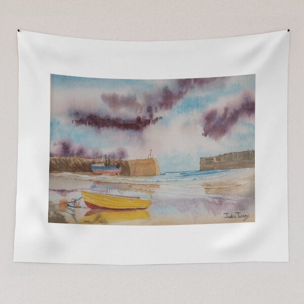 Item preview, Yellow boat in the harbor designed and sold by Justin Turney Art.