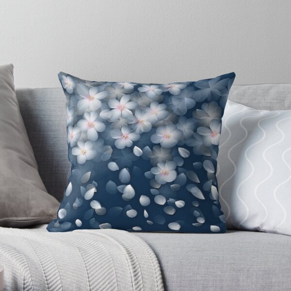 Navy and White Cherry Blossom Design Throw Pillow