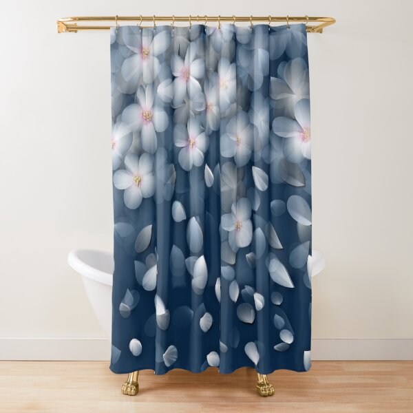Navy and White Cherry Blossom Design Shower Curtain