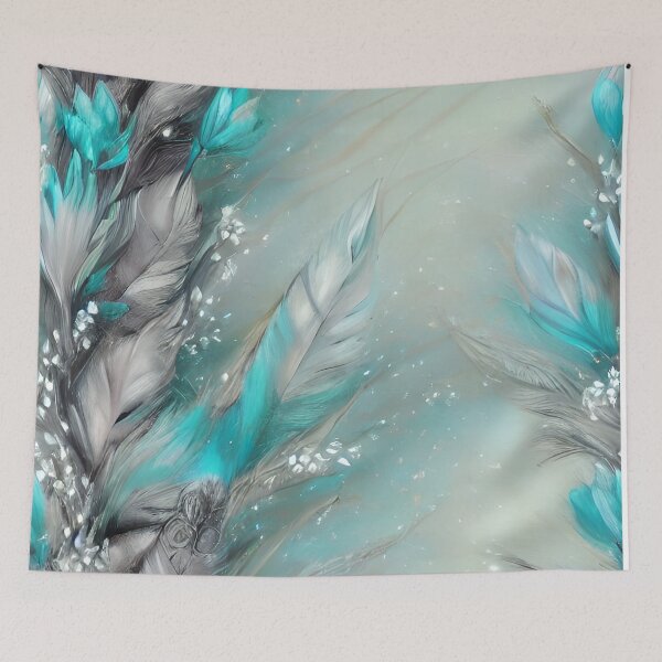 Item preview, Indian Feathers: White and Aqua Blue T-Shirt in a Foggy Air | Stunning Design for a Standout Look" designed and sold by Rebekkahsdesign.