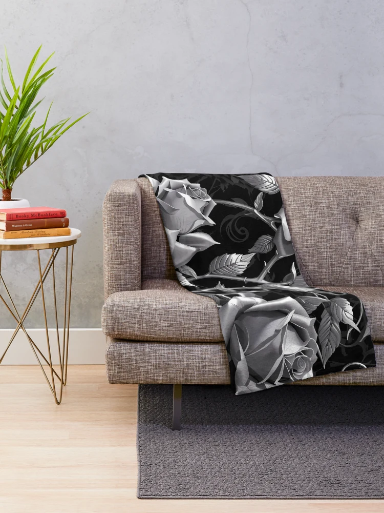 Thumbnail 2 of 6, Throw Blanket, Silver Roses - Gothic Inspired designed and sold by Nosy is Everything.