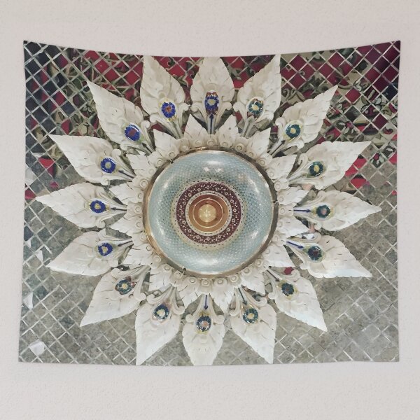 Item preview, Close-up of Ceiling Decoration in Thai Buddhist Temple Made of Rice Spoons and Enamel: A Celebration of Traditional Thai Craftsmanship  designed and sold by Oh Halo Berry.