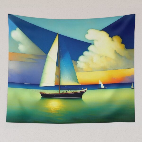 Item preview, Nautical sailboats, maritime cubism art deco seascape coastal painting with cumulus clouds emerald ocean painting designed and sold by Jéanpaul  Ferro.