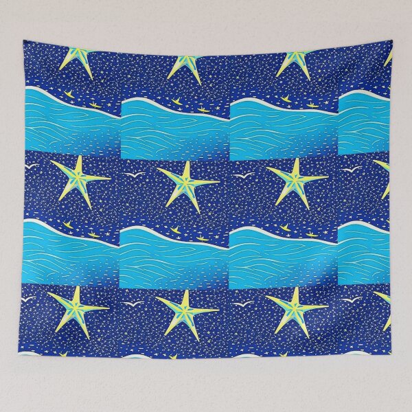 Item preview, Starfish Beach Waves linograph folk art designed and sold by Earth Nature Creations.