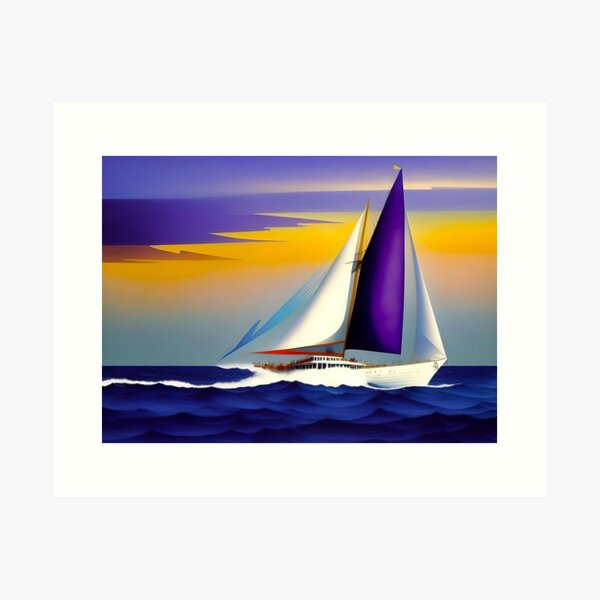 Item preview, Art deco sailing yacht nautical maritime seascape painting with regatta yacht with white and purple sails landscape painting designed and sold by Jéanpaul  Ferro.