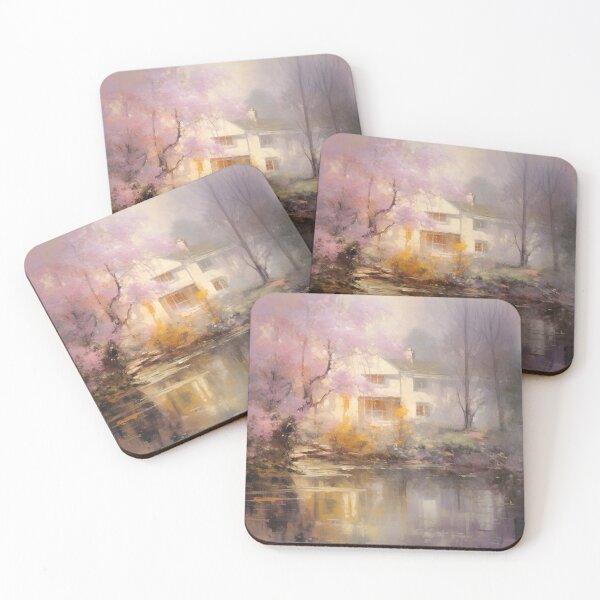 Item preview, painting of a house by the water, with pink trees, in the style of Gaston La Touche designed and sold by TheGoatieHimself.