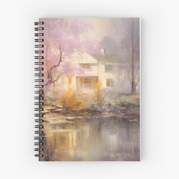 Item preview, cuadro de una casa junto al agua, con árboles rosas, al estilo de Gaston La Touche designed and sold by TheGoatieHimself.