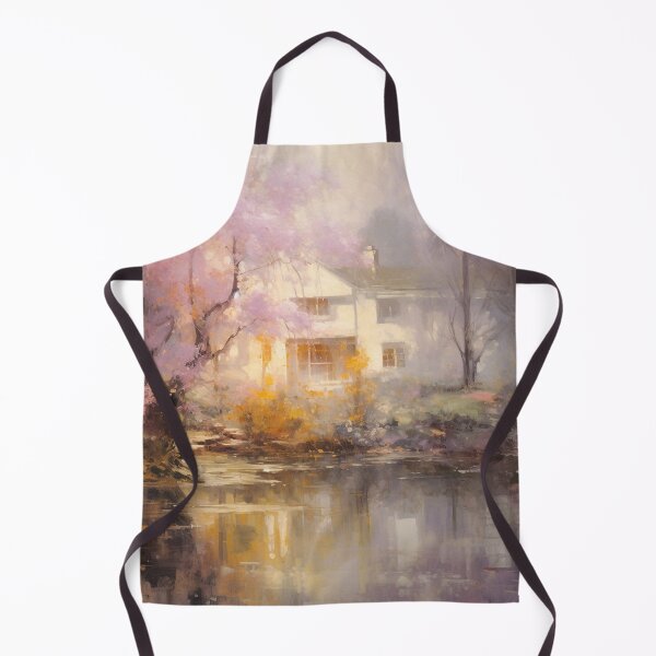 Item preview, painting of a house by the water, with pink trees, in the style of Gaston La Touche designed and sold by TheGoatieHimself.