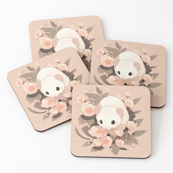 Item preview, White ferret in ranunculus flowers designed and sold by etherElric.