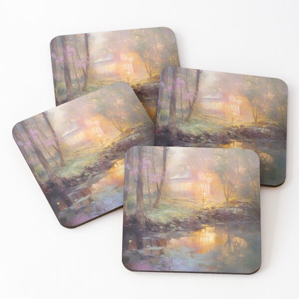Item preview, Waterscape painting of a small house in the woods in the style of Gaston La Touche designed and sold by TheGoatieHimself.