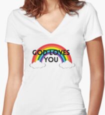 LGBTQ Rainbow - God Loves You Women's Fitted V-Neck T-Shirt
