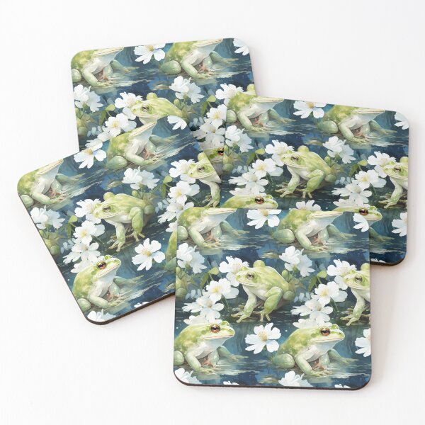 Item preview, Elegant green frog with flowers in a pond print designed and sold by PaperieJennifer.