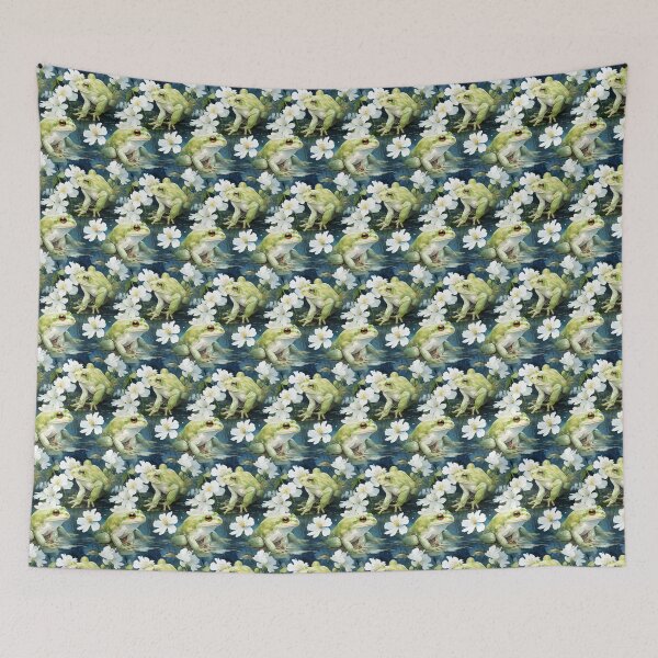 Item preview, Elegant green frog with flowers in a pond print designed and sold by PaperieJennifer.