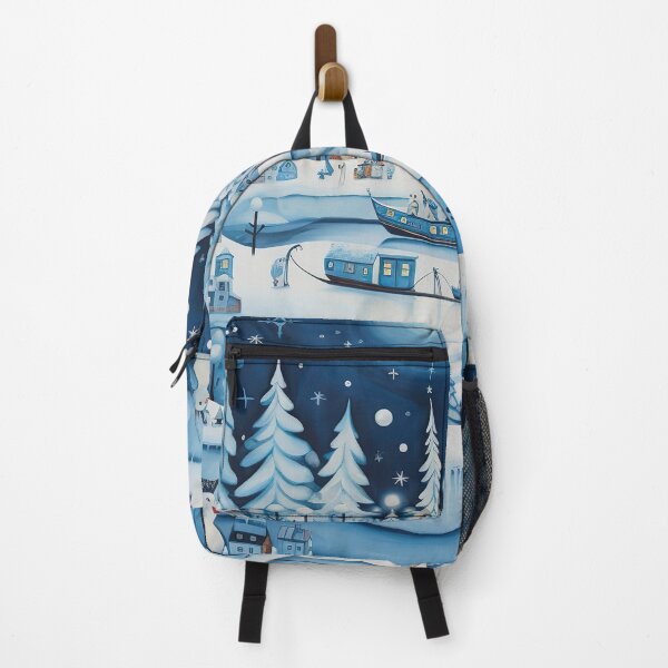 Item preview, whimsical blue and white winter town scene with Christmas trees designed and sold by Inktown.