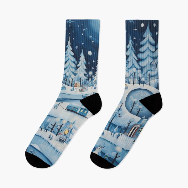 Item preview,  whimsical blue and white winter town scene with Christmas trees designed and sold by Inktown.